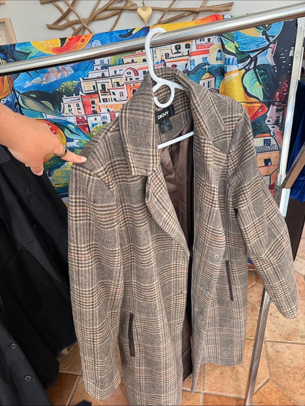 DKNY Brown Plaid Wool-Blend Pea Coat with Tan Accents